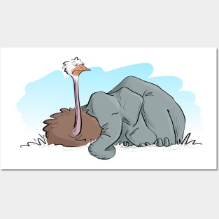 Sleepy Elephant & Ostrich (Color) Posters and Art